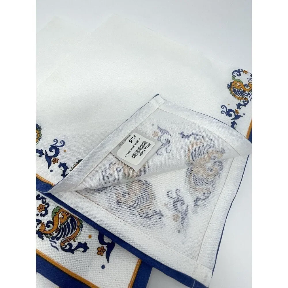 NWT Williams Sonoma Set Of 3 Napkins Deruta Dragon White Blue (Flaw On 1)